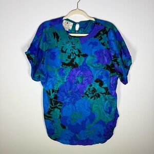 Vintage FLORA KUNG NY 100% Silk Blouse Abstract Floral Blue Purple Size 10
